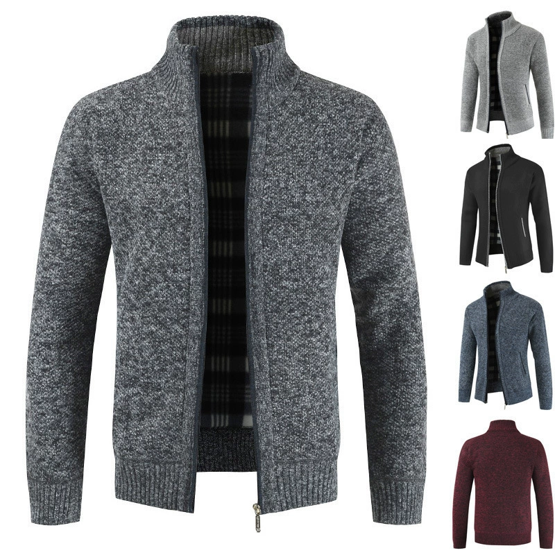 Men’s winter zip sweater coat, knit outer with lined interior, stand collar, M–XXXL