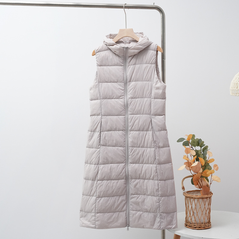 2024 Autumn and Winter New Down Vest Women's Lightweight Lined Over-the-knee Korean Style Slim-fit All-match Hooded Vest