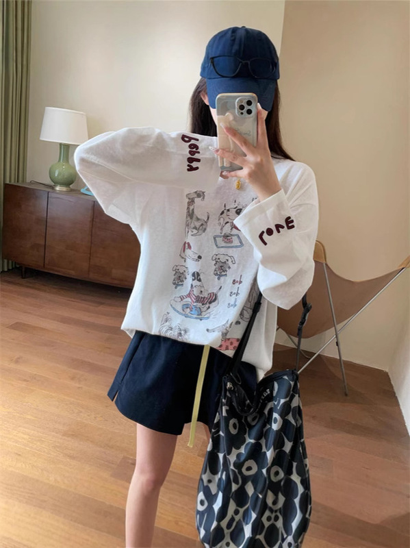 リラックスしたニッチスタイル、子供っぽい、年齢軽減、ゆったりとした長袖Tシャツ、ゆったりとした痩身ブラウス、女性用2025夏|undefined