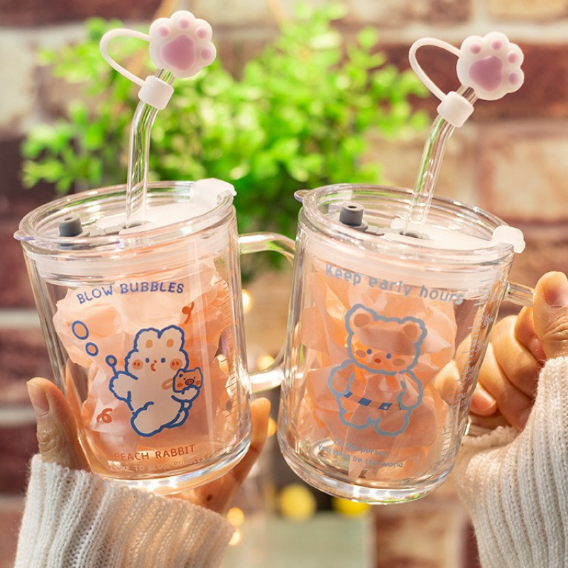 卡通吸管杯玻璃杯儿童水杯高颜值女可爱无铅耐热带把手刻代发包邮