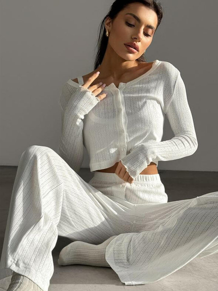 Bộ đồ ngủ nữ 3 món áo cardigan dài tay quần dài họa tiết jacquard — Màu be, Màu hồng chi tiết 56