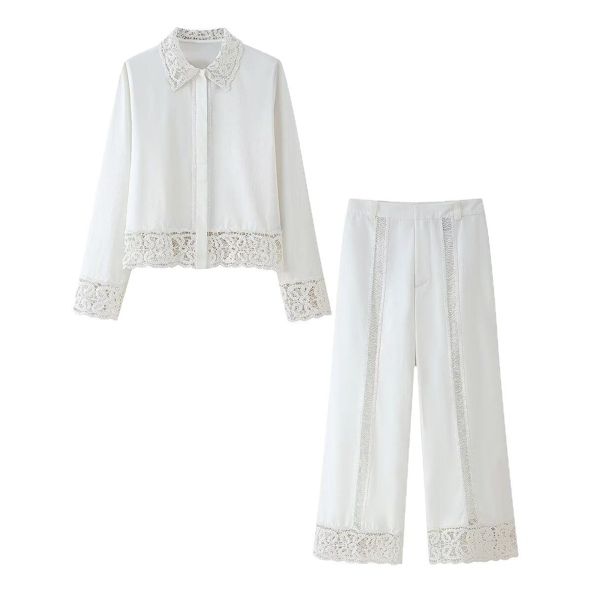 GraceChic 2025 Spring New Fashion Lace Hollow Out Set Women's Turn-Down Collar Shirt Mid-Waist Straight-Leg Pants_voghion.com