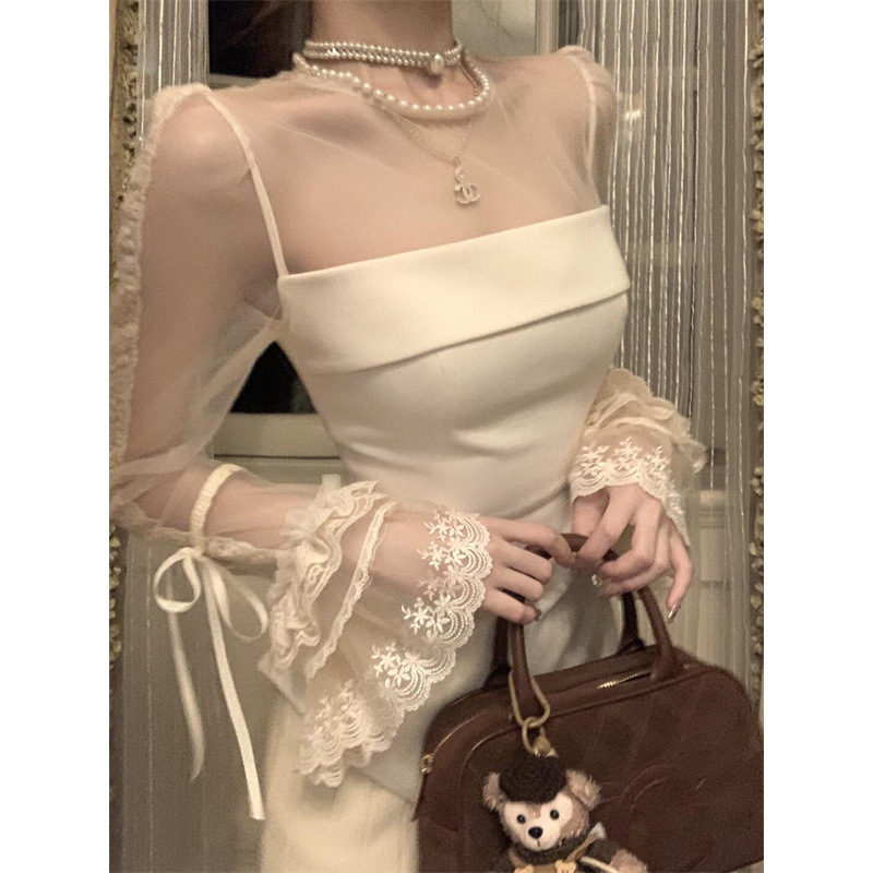【6021人コレクション】富家千金感レースネット糸ステッチデザインtシャツ春新作純欲風内|undefined