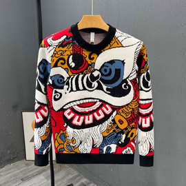 国潮高端醒狮新年本命年红色针织衫毛衣男老钱风秋冬跨境工厂批发