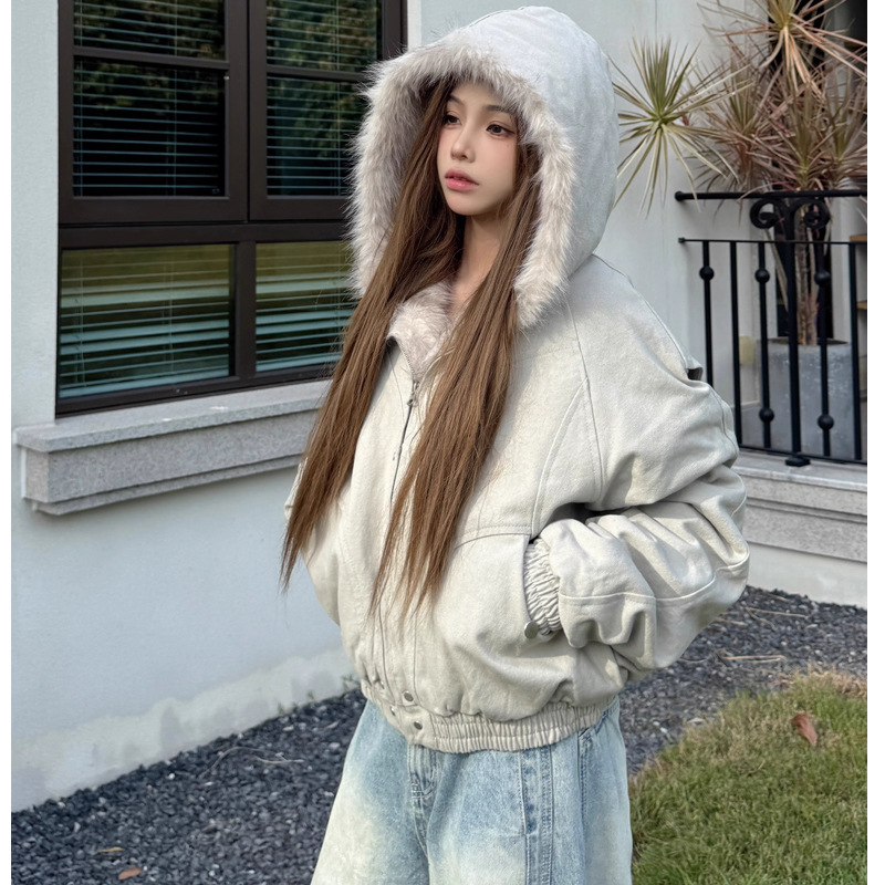 美式大毛领棉服女2025冬季新款短款时尚保暖加厚情侣款棉衣外套|undefined