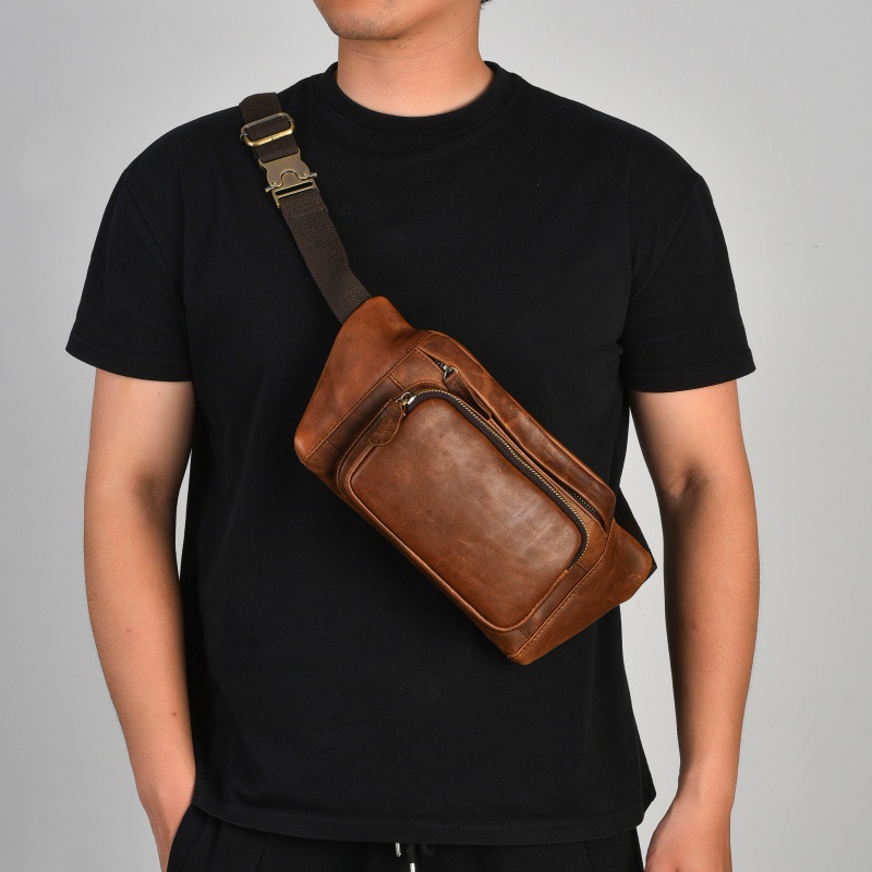 Cross-Border Crazy Horse Leather Men's Chest Bag, Multi-Functional Mobile Phone Waist Bag, Men's Genuine Leather Crossbody Bag, Casual Trendy Men's Bag