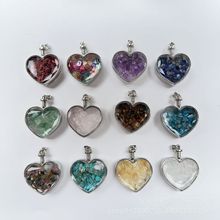 跨境热卖天然石桃心吊坠紫水晶碎石吊坠银边项链diy吊坠饰品批发