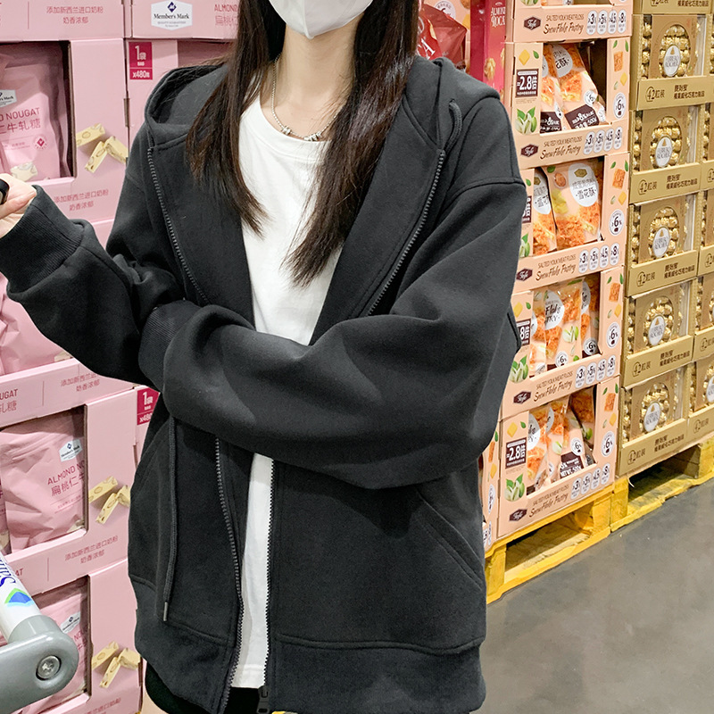 灰色连帽卫衣女秋季2025新款加绒宽松大码上衣开衫小个子拉链外套|undefined