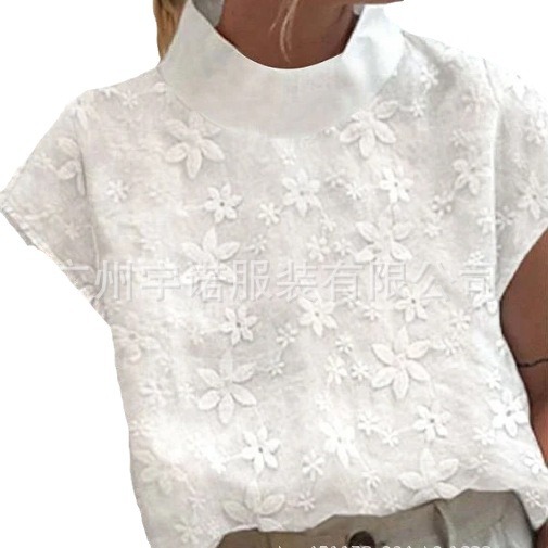 Amazon deseo AliExpress 2023 nuevo europeo y americano de las mujeres Jersey bordado de algodón y lino cuello alto elegante camisa