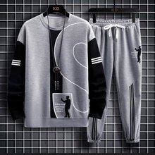 潮仑布华夫格套装男士长袖长裤潮流宽松秋装套衣服休闲运动两件套