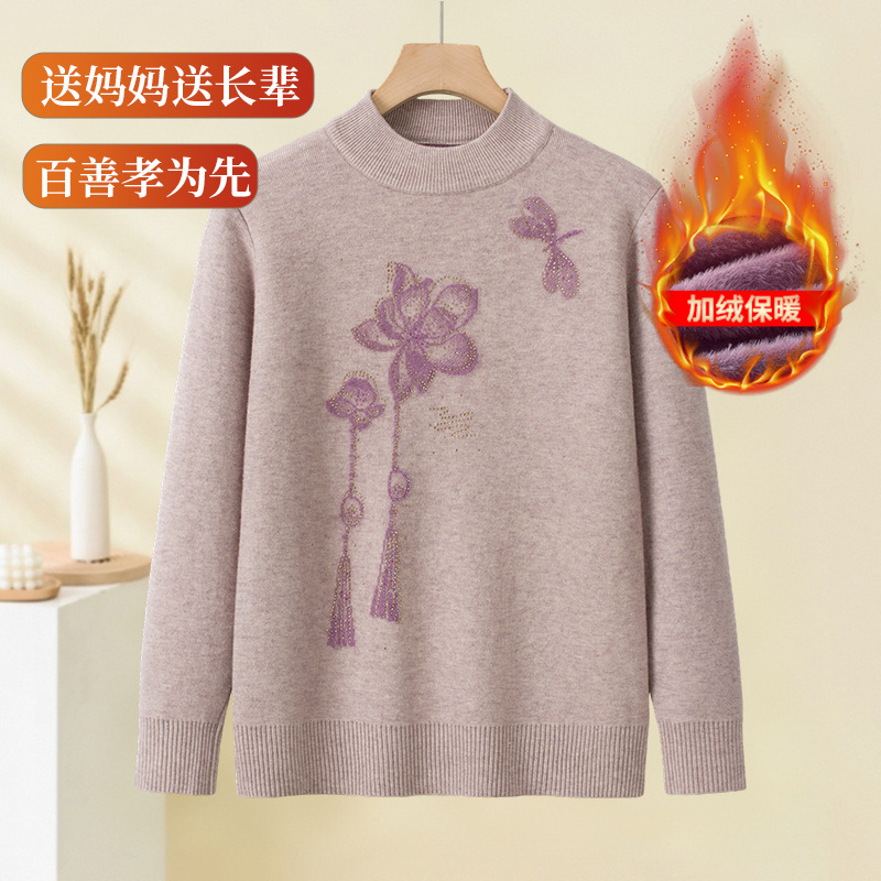 源头工厂中老年简约妈妈装加绒保暖针织衫弹力冬季奶奶装针织上衣