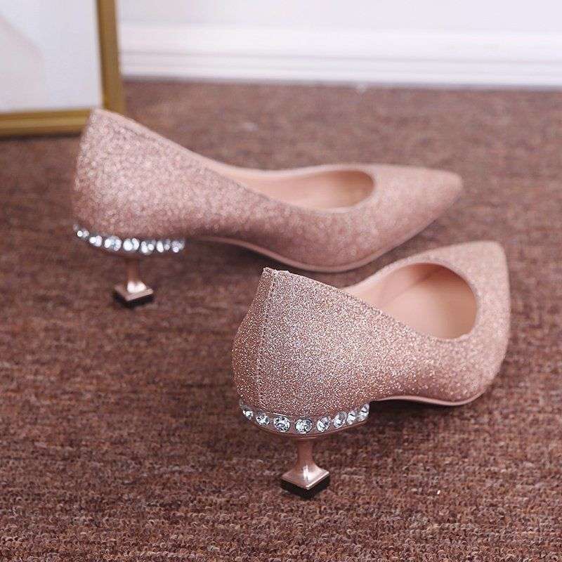 Wedding Shoes Women's 2025 New Bridal Shoes Sequins All-match Dress High Heels Stiletto Heel Low Heel Wedding Shoes Crystal Shoes