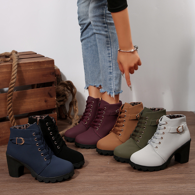 Autumn High-Heeled Boots for Women, Single Boots with Belt Buckle, Women's Shoes, Thick-Heeled Short Boots, Round-Toe Lace-Up and Nude Boots, Short Women's Boots
