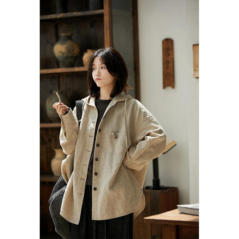 2025 Spring and Autumn New Style Pure Linen Cardigan Casual Easiest for Match Single Breasted Loose Hooded Shirt Jacket 2025 Spring and Autumn New Style Pure Linen Cardigan Casual Easiest for Match Single Breasted Loose Hooded Shirt Jacket