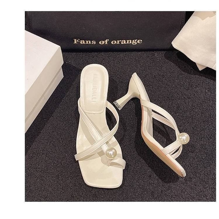 Flip-Flops with Thin Heels for Women, Summer Fashion 2025 New Trendy Pearl Slip-On Sexy French-Style High Heels Flip-Flops with Thin Heels for Women, Summer Fashion 2025 New Trendy Pearl Slip-On Sexy French-Style High Heels