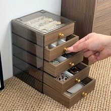 木纹抽屉式收纳盒透明可透视桌面化妆品收纳箱带盖亚克力收纳盒