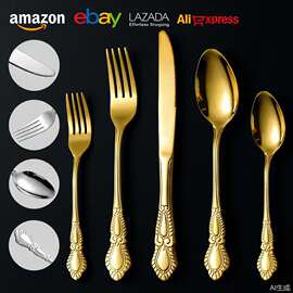 跨境亚马逊不锈钢餐具孔雀花刀叉勺套装西餐牛排刀叉酒店甜品勺子