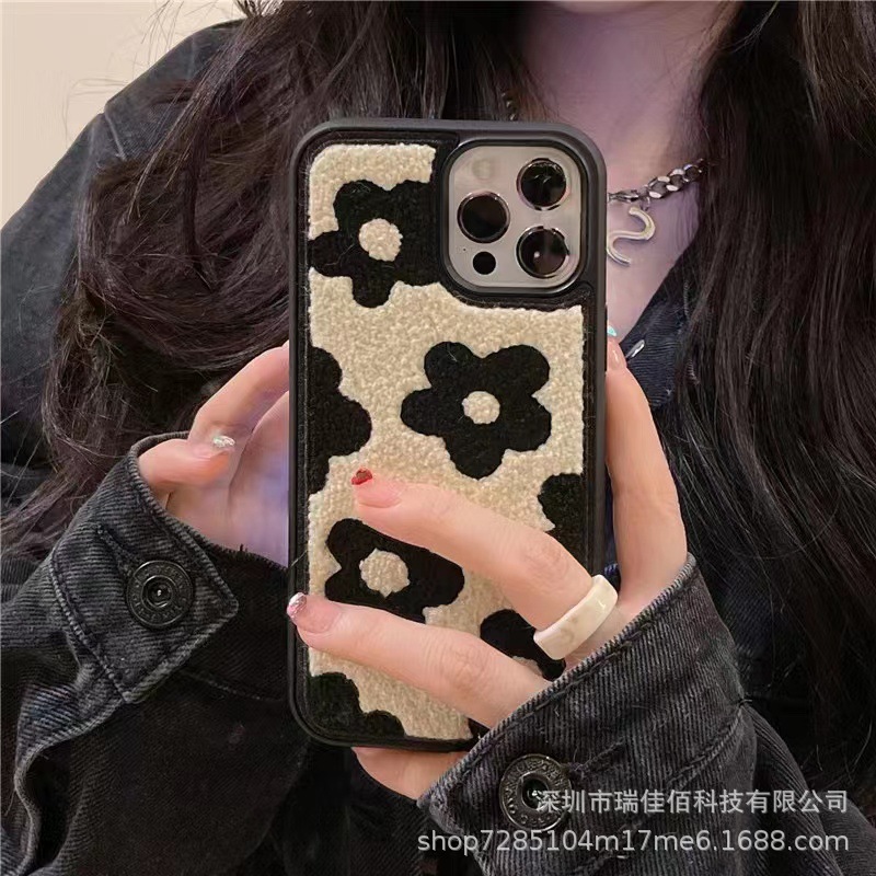 Stuffed Embroider Suitable for Apple 17 Mobile Phone Case Iphone13Mini Black Flower Embroider 15 Anti-Fall Protection