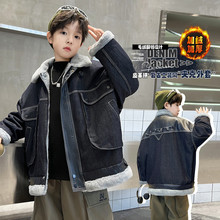 儿童装男童冬装加绒牛仔翻领外套2025新款冬季加厚一体绒牛仔衣潮