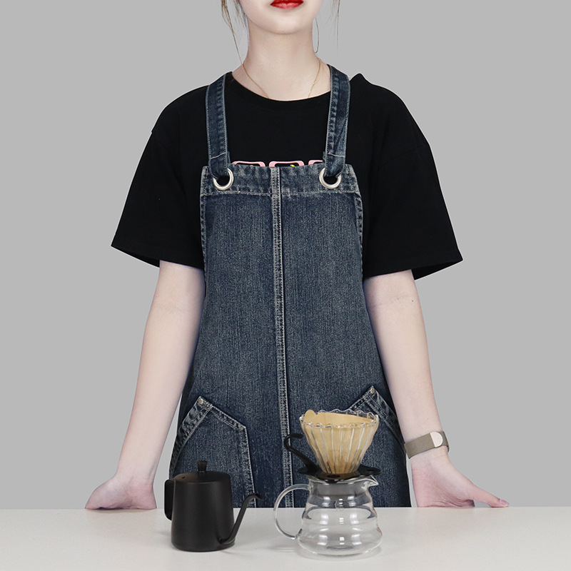 Comercio exterior puro algodón lavado delantal de mezclilla logotipo personalizado estudio arte estudiante restaurante ropa de trabajo delantal al por mayor personalizado