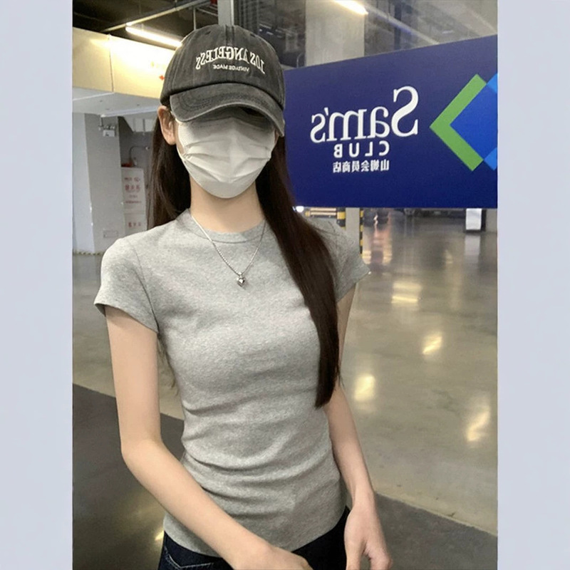 Women's short-sleeve t-shirt with straight shoulders, 2026 summer new style, slim-fit, flattering, tight-fitting, pure cotton top
