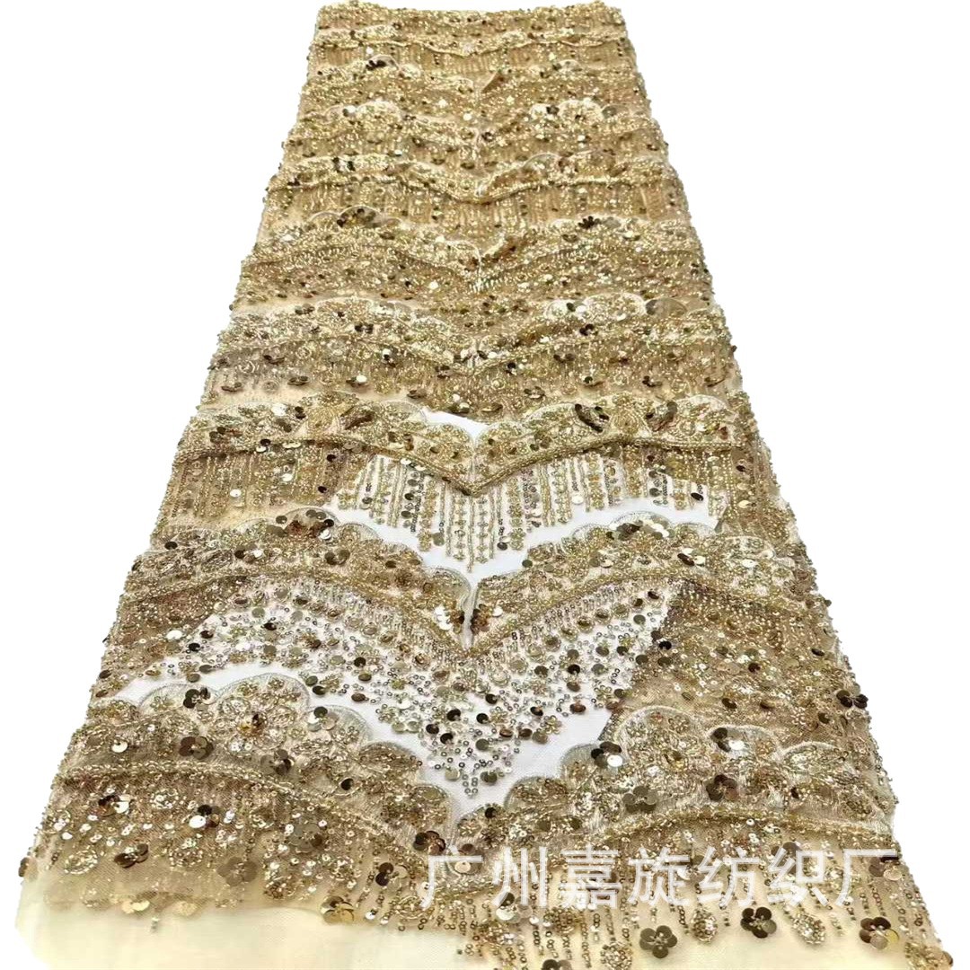 Nuevo diseño estereoscópico borde de loto oro y plata tubo de cuentas bordado sequinilla flor pequeña tela de moda vestido de boda tela de bordado