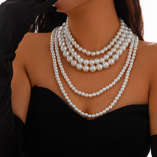 European and American multi-layer French retro collar jewelry imitation pearl necklace female temperament Baroque size beaded choker