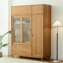 日式樱桃木衣橱简约实木储物柜卧室衣柜北欧家具可移门玻璃现代柜
