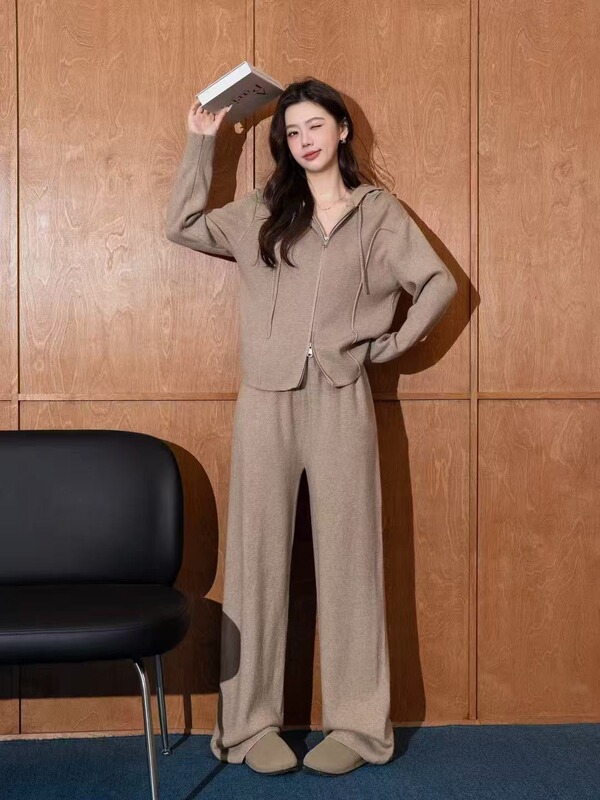 秋冬新款软糯时尚运动针织套装宽松连帽开衫阔腿两件套舒适女装潮|undefined