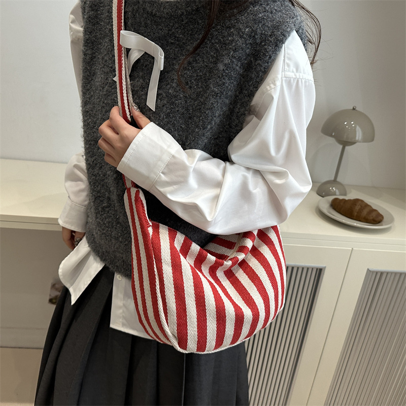 Bolso de mano coreano retro simple pequeño bolso de lona a rayas frescas, moda casual de gran capacidad bolso de hombro de mujer