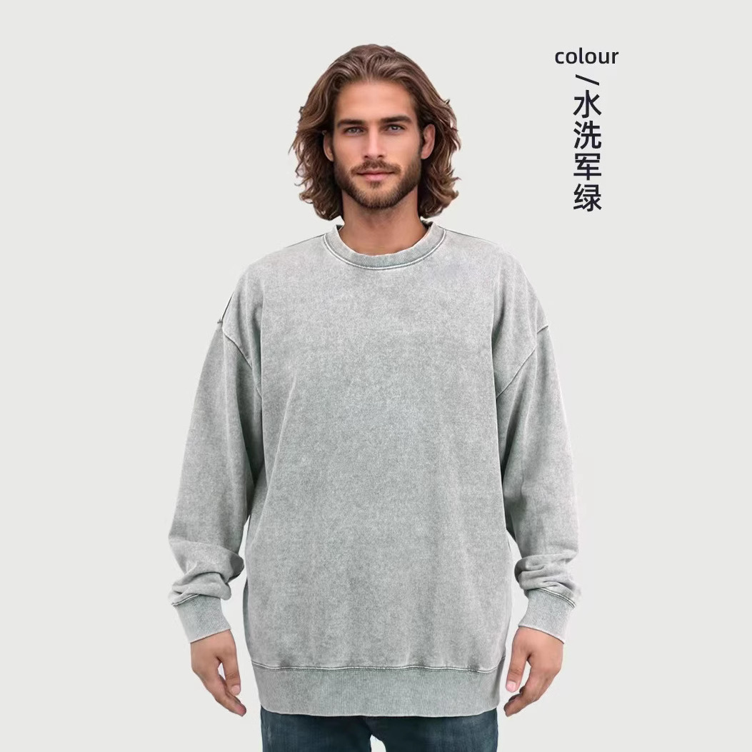 Retro lavado con agua bolsillo lateral cuello redondo chaqueta de cuello para hombre 2024 nuevo producto suelto medio largo americano chaqueta de pareja