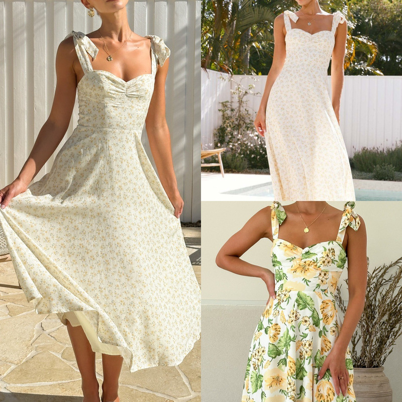 2025 New European and American Cross-border Foreign Trade Women's dress Sling Light Yellow Floral Comfortable Fashion Casual Long Dress