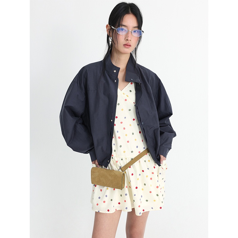 Allo Fu Spring New Style Stand-Up Collar Short Slightly Loose Jacket with Drawstring Hem Design Casual Jacket 23929
