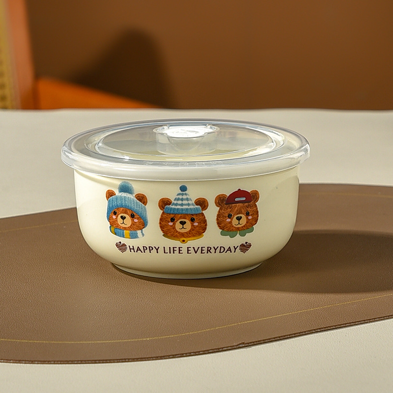 Cuencos de cerámica de tres piezas con cubierta de caja de preservación de microondas sellado de bento para estudiantes de almuerzo de oso grande