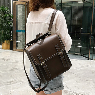 New Fashion Trend Pu Leather Double Backpack Casual Retro Backpack Stereotype Student Schoolbag Women's Backpack Cross Border