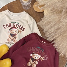 圣诞卫衣亲子装男童女童可爱小熊印花上衣宝宝宽松上衣新年红色