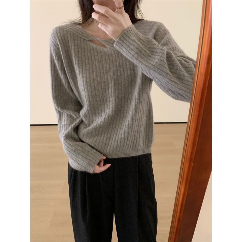 镂空套头浣熊绒毛衣女春秋修身韩版内搭打底衫外穿短款针织衫|undefined