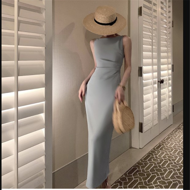 2026 Summer French Retro Hepburn Style Dress Summer Off-Shoulder Sleeveless Long Dress Waist-Slimming Hepburn Dress
