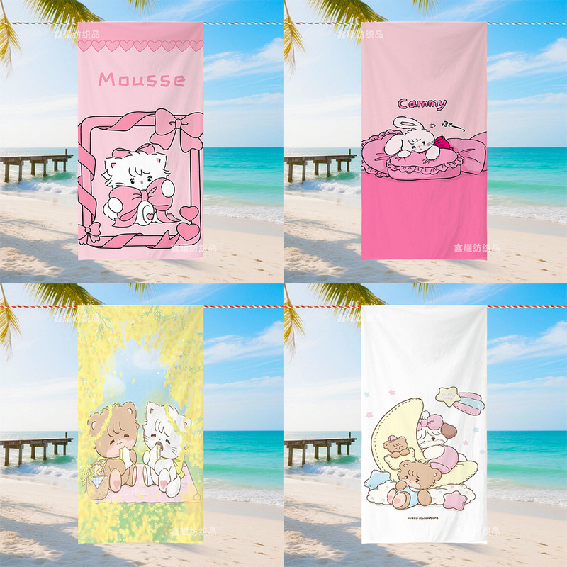 Cartoon Mikko Cat Digital Print Microfiber Beach Towel with Cute Bowknot for Girls, Portable Towel Cartoon Mikko Cat Digital Print Microfiber Beach Towel with Cute Bowknot for Girls, Portable Towel