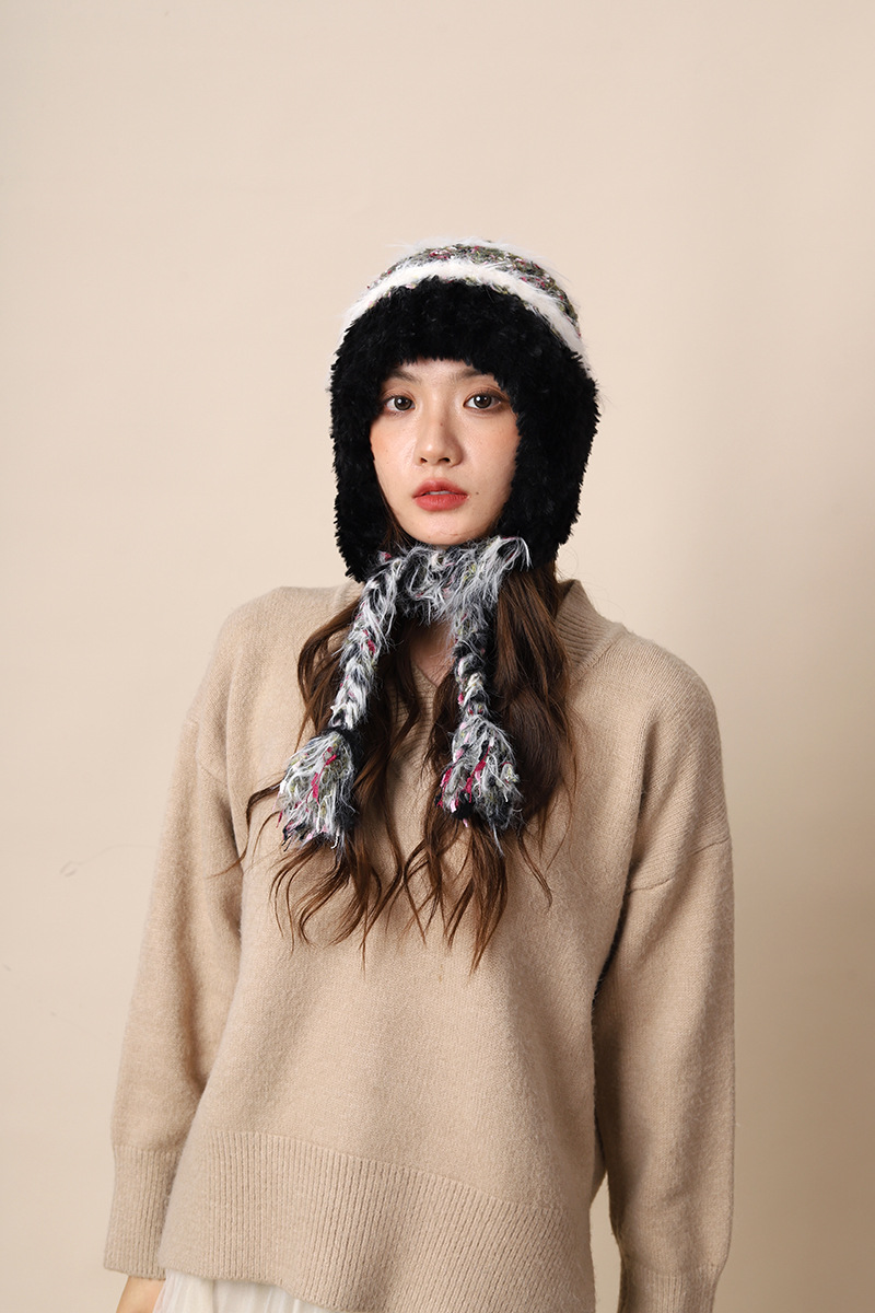 Cappello di lana lavorato a maglia con lacci colorati per donna autunno inverno nuovo caldo protezione per le orecchie e fascia per la testa a strisce colorate_voghion.com