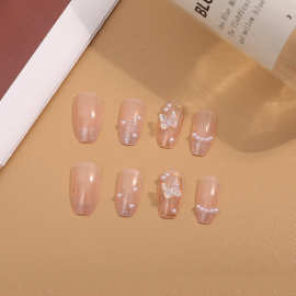 新品小红书爆款 手工穿戴甲片珍珠极光温柔冰透立体蝴蝶仙女法式