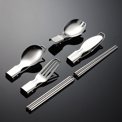 Aion 304 stainless steel portable folding knife, fork, spoon, chopsticks tableware, outdoor supplies, wire handle gift cross-border set