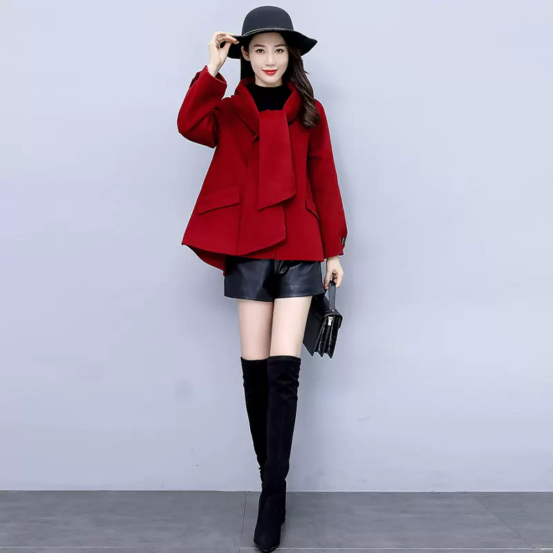 短款双面羊绒大衣斗篷女2026新款春秋冬小个子流行红色新娘外套