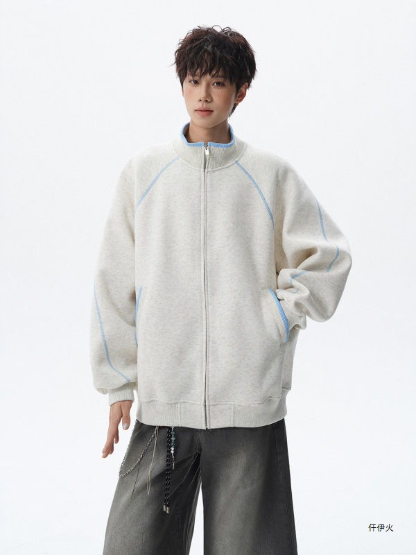 Men's autumn-style cardigan, American trendy stand-up collar top, casual sporty sweatshirt, color-block design, oversized and loose fit