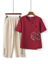 妈妈装夏季套装洋气民族风短袖t恤奶奶装中老年人女装棉麻两件套