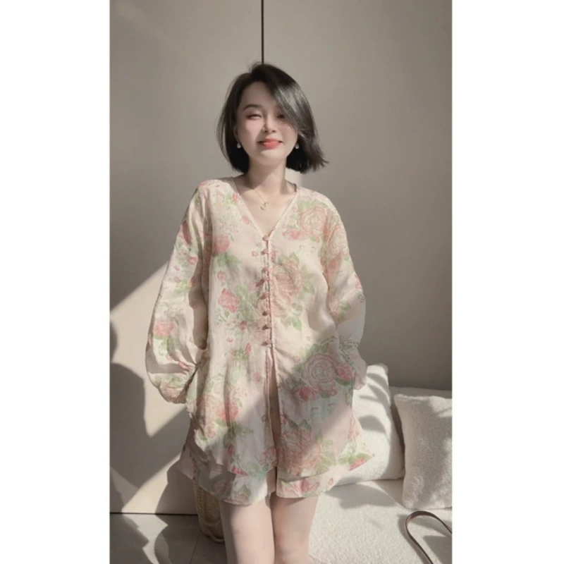 Новый китайский стиль повседневный костюм женский свободный солнцезащитный крем рубашка широкие ножки шорты из двух частей летний праздник стиль женская одежда
