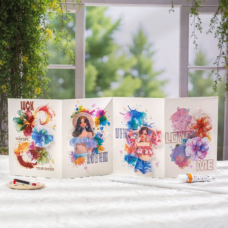 Un día hermoso, difuminado de acuarela, pegatinas de gran peso, serie de cajas de pintura de acuarela, material de collage de decoración de cuentas a mano