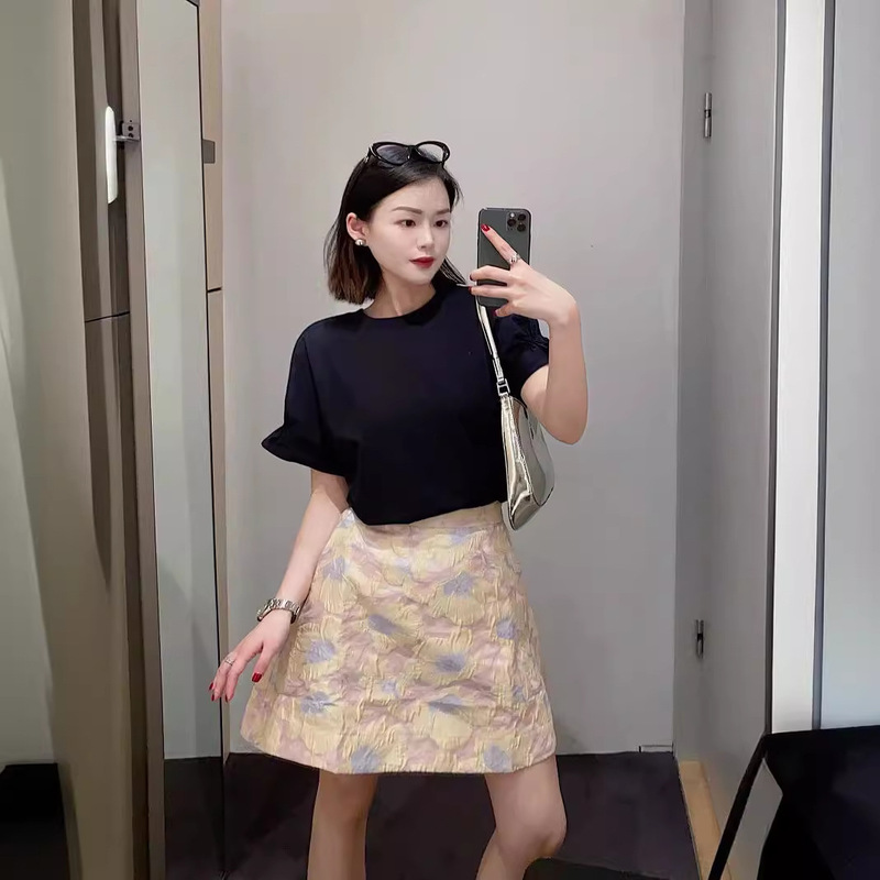 2026 Spring New Product Co*S Style Puff Sleeves, Ruffled Edges, Round Neck, Gathered Short-Sleeved Cotton T-Shirt for Women