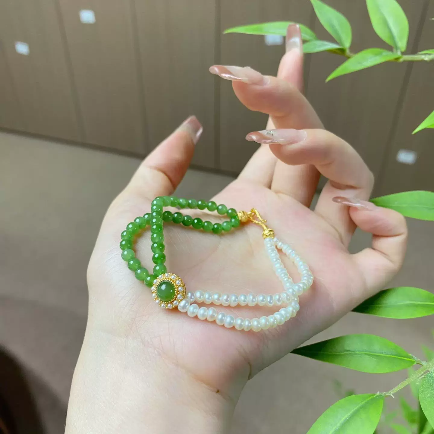 新中式手链天然石碧玉双层手链天然珍珠手串国风和田碧玉珍珠项链