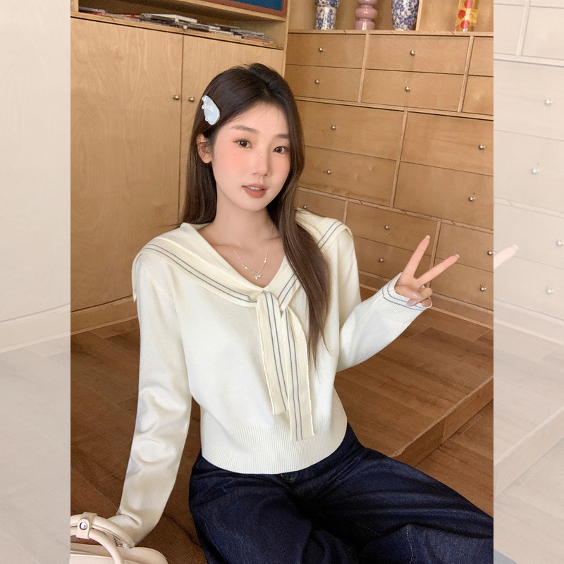 实拍 韩系学院风海军领飘带针织衫女2025秋季新款内搭打底衫上衣|undefined